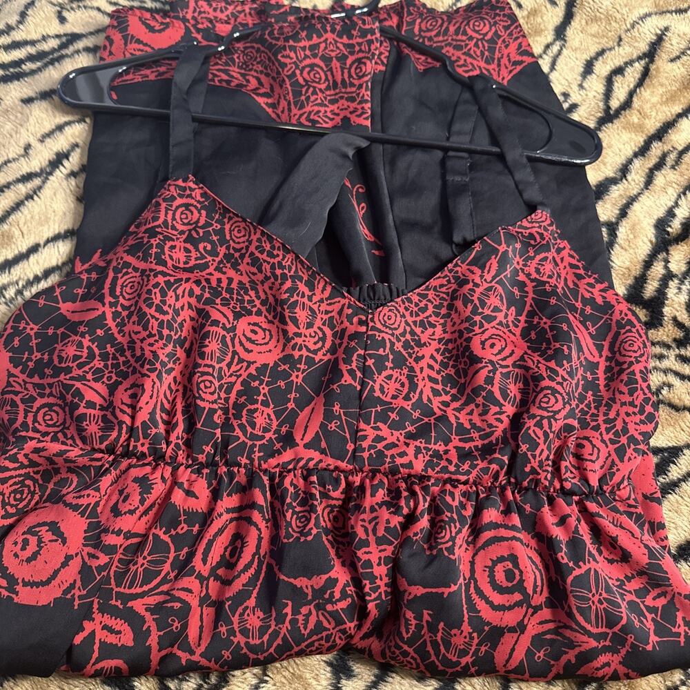 Apt 9 Red & Black Strapless Dress Rose & Vines Design Size XL Side Zip ADJ Strap - Picture 4 of 12